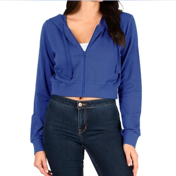 Blue Cropped Zip Up Hoodie - Picture 4 of 8